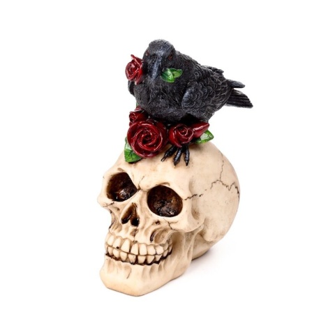 Czaszka z krukiem i czerwonymi różami - skull 16,5cm