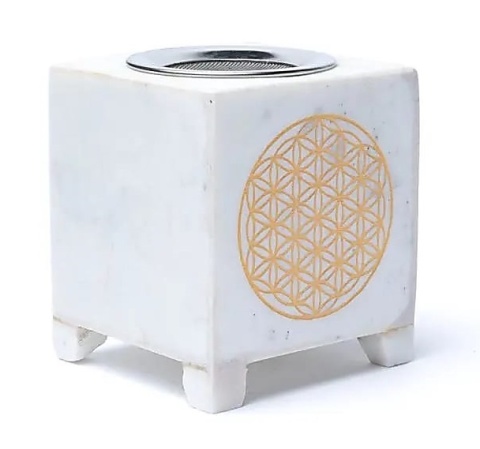 Kadzielnica: Flower of life z białego marmuru 7.6x7.6x8.8cm