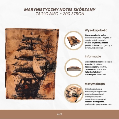 Notes Skórzany Marynistyczny Żaglowiec Retro - Prezent dla Żeglarza