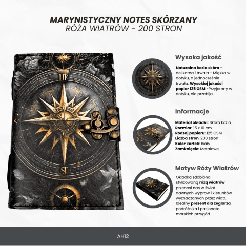 Notes Skórzany Pamiętnik Retro Róża Wiatrów 200 stron dla podróżnika