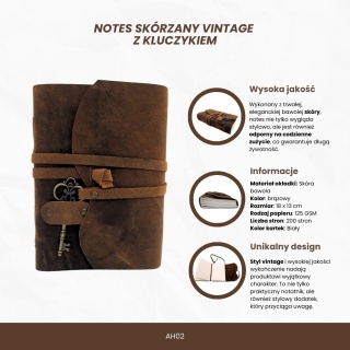 Notes Skórzany Retro z Kluczykiem i Paskiem 200 stron 18 x 13 cm