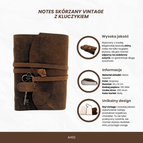 Notes Skórzany Retro z Kluczykiem i Paskiem 200 stron 18 x 13 cm