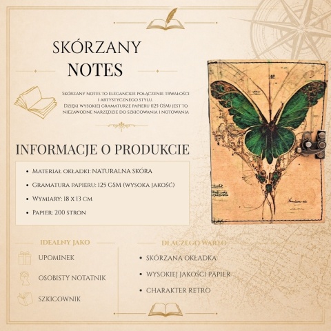 Skórzany Notes Retro z Motylem - Elegancki Pamiętnik z Koziej Skóry 200 str